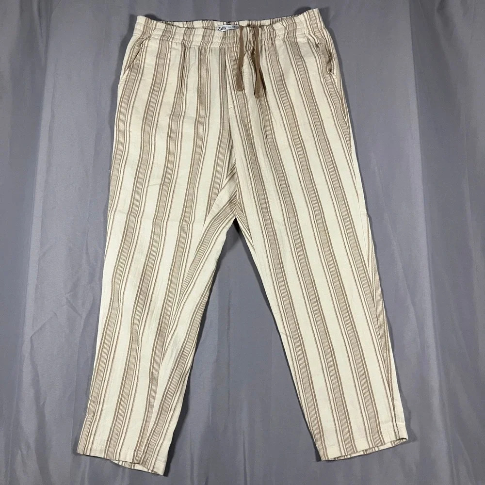 ZARA Striped Linen Womens XL Blend Drawstring Waist Pants Beige Brown Casual